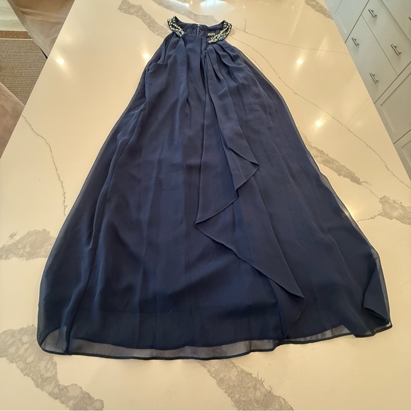 SLNY Sleeveless Halter Beaded Neck Flowing Layered Navy Dress Women’s 14 NEW - Picture 7 of 12
